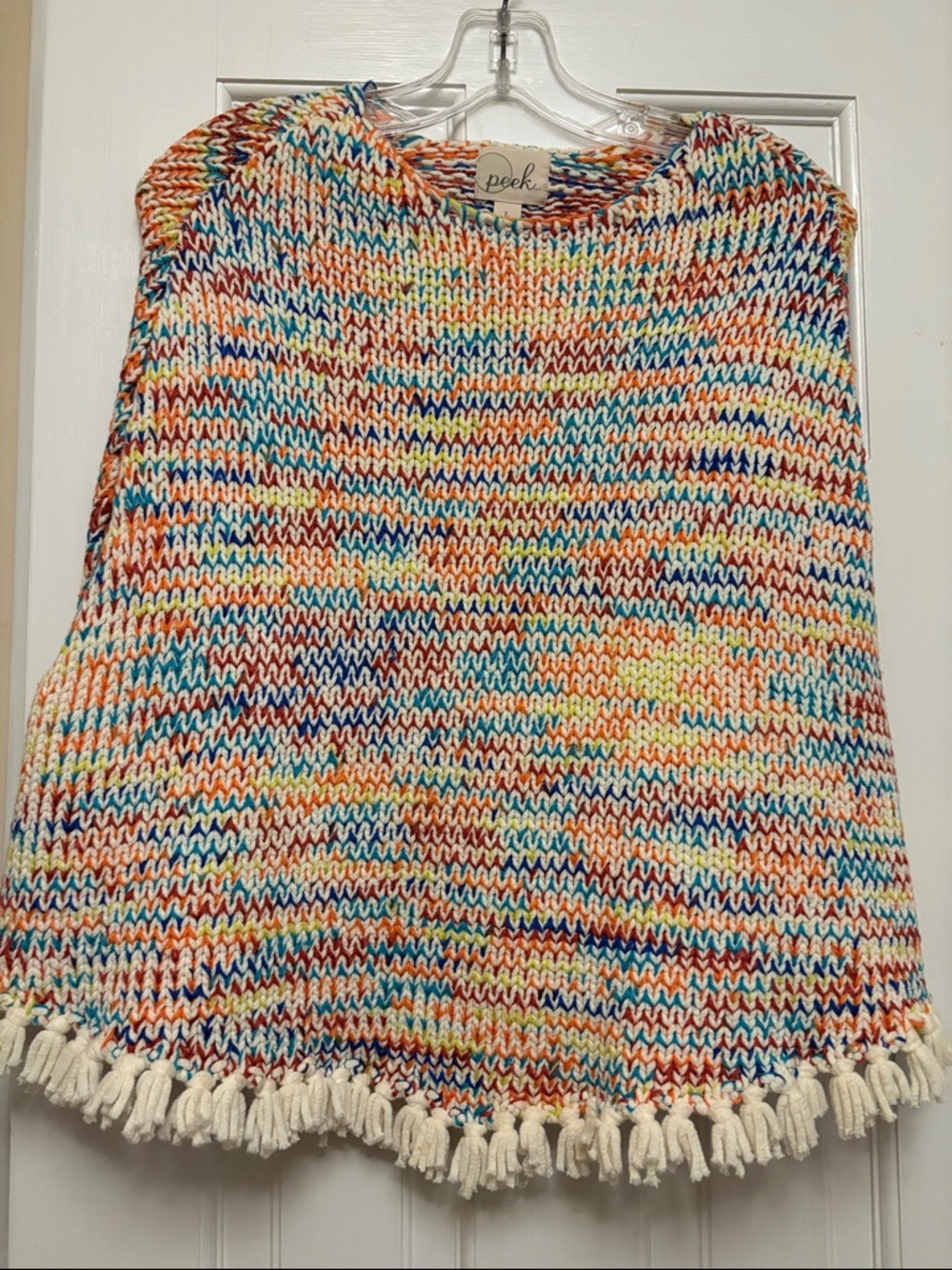Peek Multicolor Knit Tassel-Hem Sweater - White, Blue, Orange, Yellow - size 10